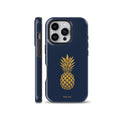 Minimalist navy blue phone case featuring a detailed metallic gold pineapple graphic, available for iPhone, Samsung Galaxy, and Google Pixel models.