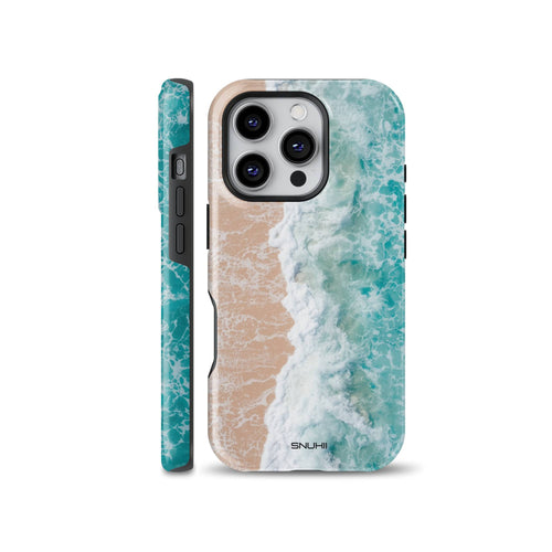 Realistic aerial ocean beach phone case featuring turquoise sea waves crashing on sandy shore, available for iPhone, Samsung Galaxy, and Google Pixel models.