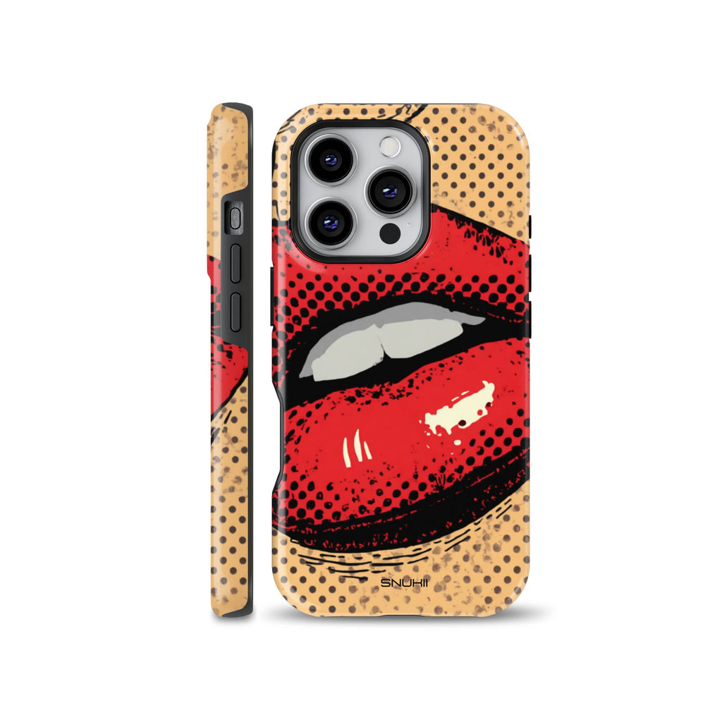 Bold pop art phone case featuring realistic red lips illustration with halftone comic book dots, available for iPhone, Samsung Galaxy, and Google Pixel models.