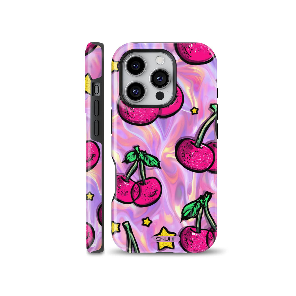 Cute Y2K pink phone case featuring bright cherry illustrations and yellow stars on a swirling liquid marble background, available for iPhone, Samsung, and Pixel.