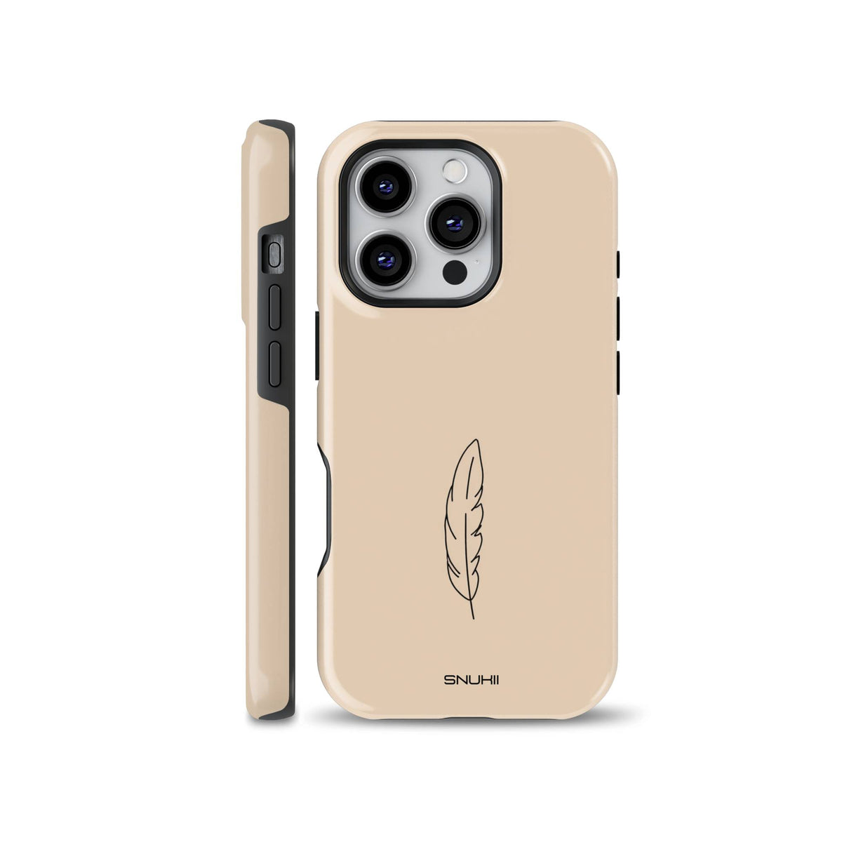 Minimalist beige phone case featuring a simple black line art feather illustration, available for iPhone, Samsung Galaxy, and Google Pixel models.