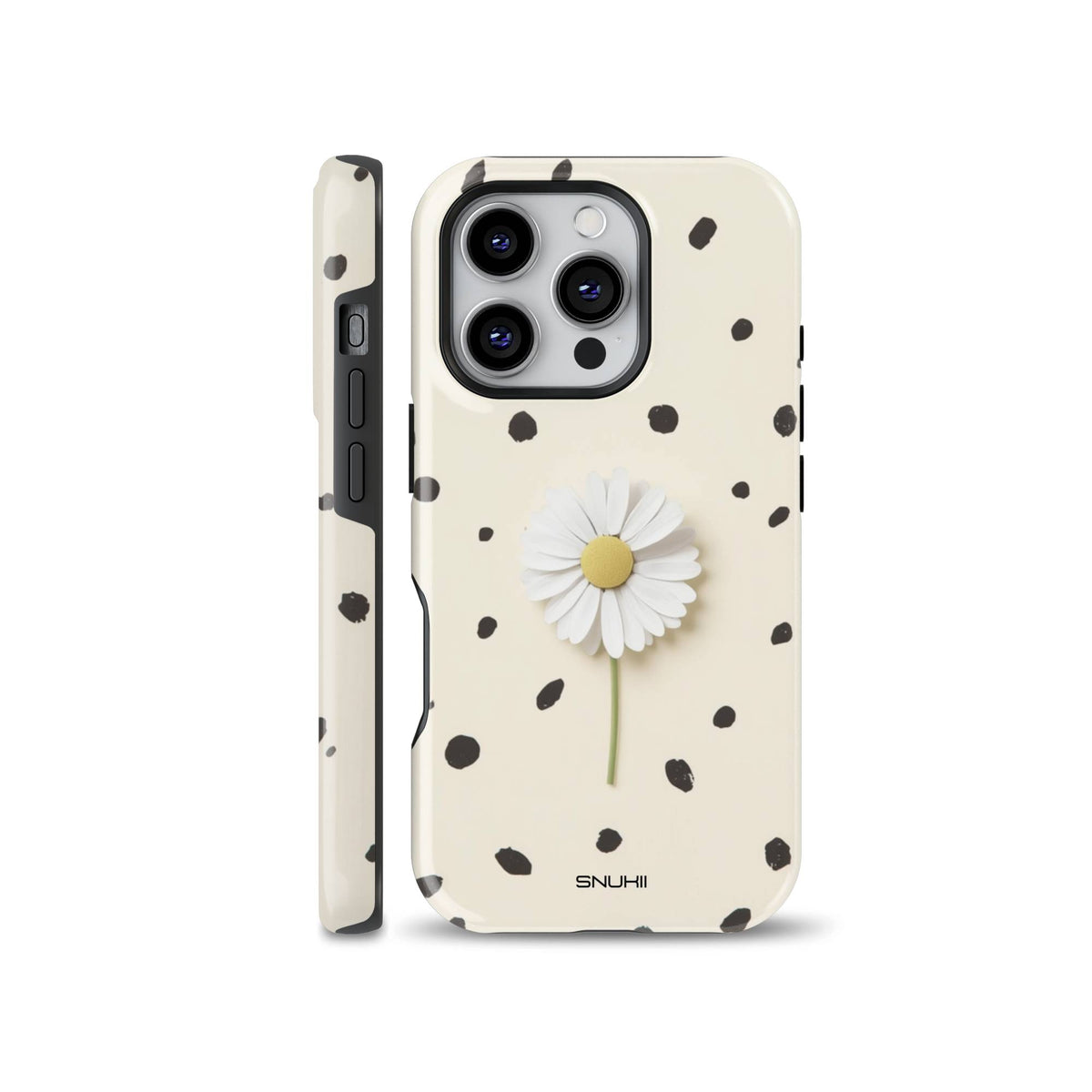 Aesthetic cream phone case featuring a single white daisy flower over black polka dot pattern, compatible with iPhone, Samsung Galaxy, and Google Pixel models.