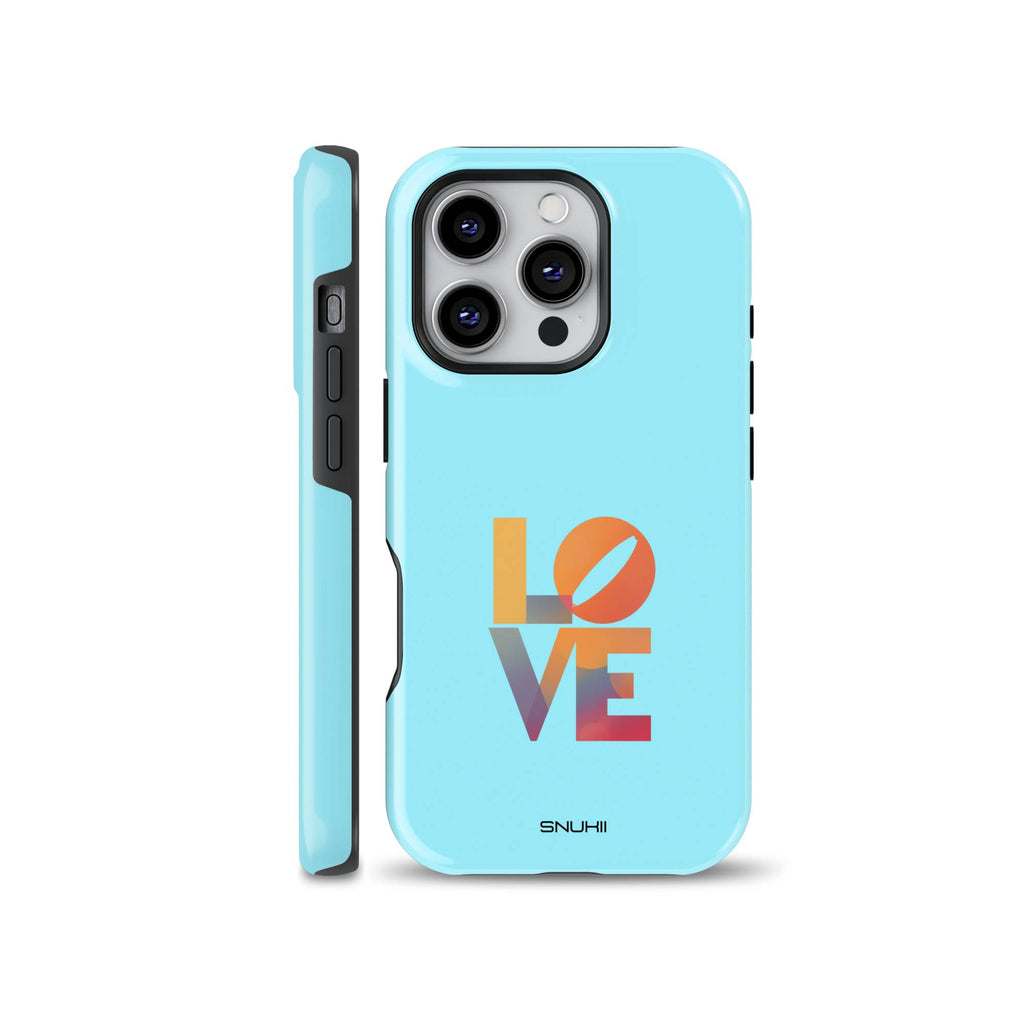 Aesthetic light blue phone case with colorful LOVE typography text design, compatible with iPhone, Samsung Galaxy, and Google Pixel devices.