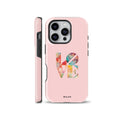 Aesthetic soft pink phone case with colorful geometric LOVE typography text design, compatible with iPhone, Samsung Galaxy, and Google Pixel devices.