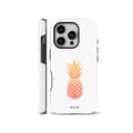 Aesthetic white phone case featuring a stylized orange gradient pineapple design, compatible with iPhone, Samsung Galaxy, and Google Pixel devices.