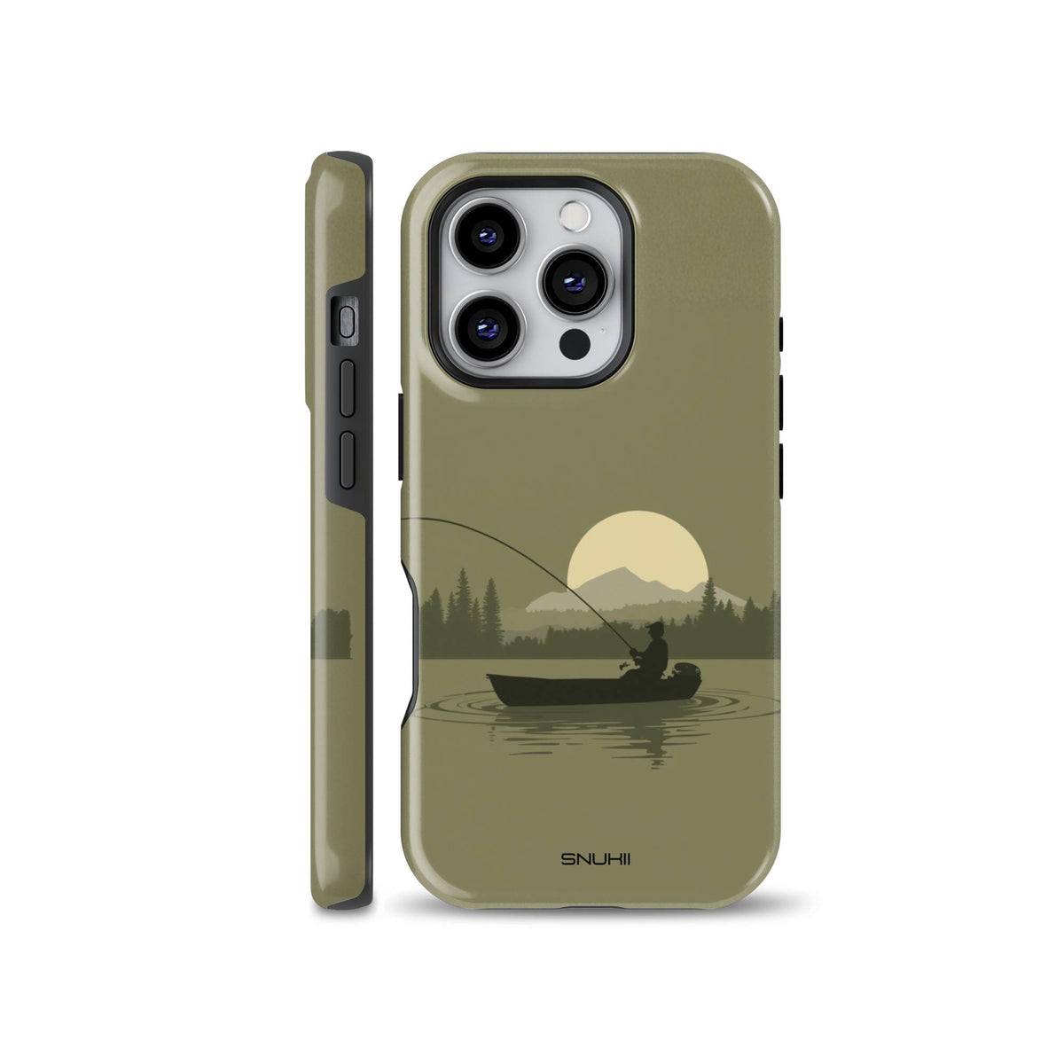 Olive green phone case with a silhouette illustration of a fisherman in a boat on a lake with mountains, forest, and big sun, suitable for iPhone, Samsung, and Pixel models.