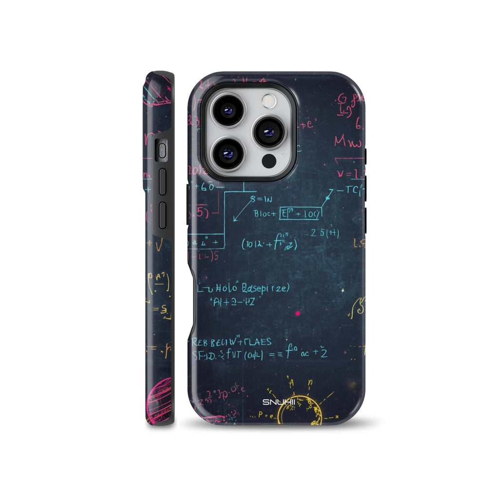 Dark phone case featuring colorful handwritten math and physics formulas on a chalkboard background, available for iPhone, Samsung, and Pixel models.
