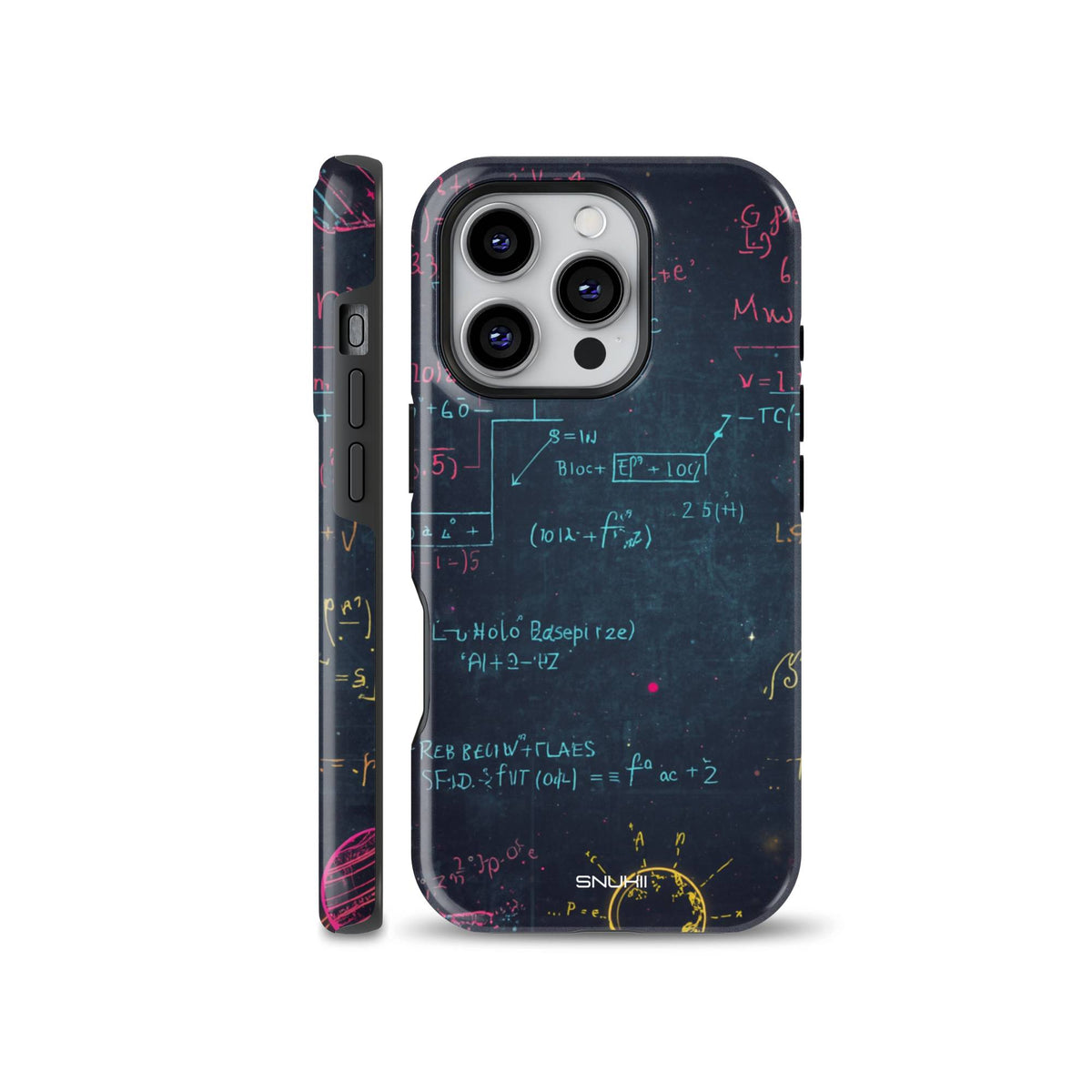 Dark phone case featuring colorful handwritten math and physics formulas on a chalkboard background, available for iPhone, Samsung, and Pixel models.