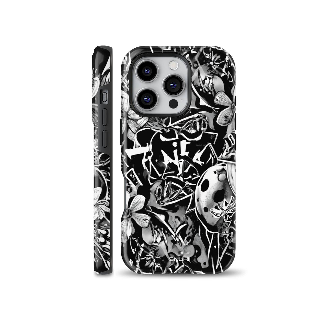 Black and white phone case featuring a dynamic graffiti street art collage with floral and abstract elements, compatible with iPhone, Samsung, and Pixel models.