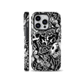 Black and white phone case featuring a dynamic graffiti street art collage with floral and abstract elements, compatible with iPhone, Samsung, and Pixel models.