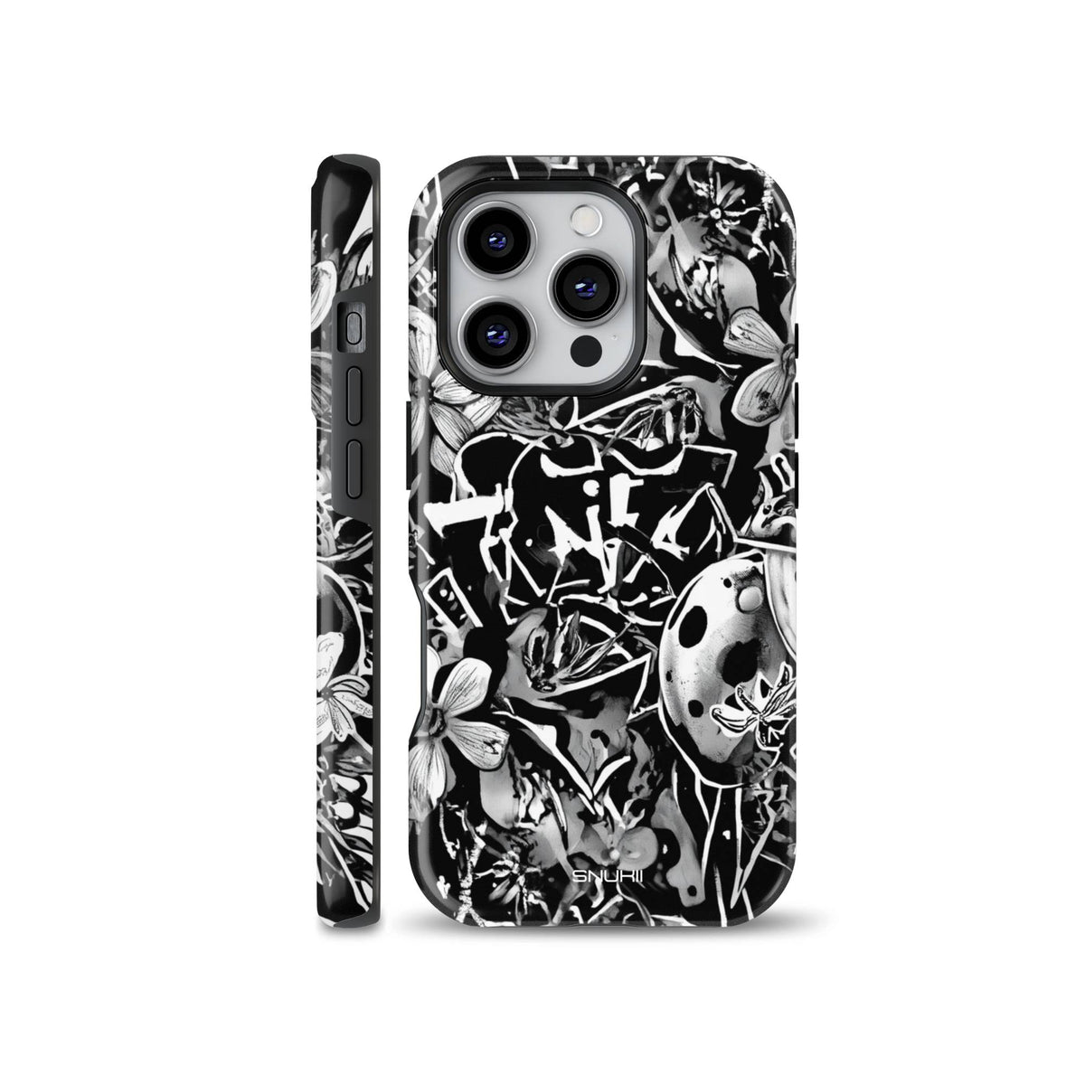 Black and white phone case featuring a dynamic graffiti street art collage with floral and abstract elements, compatible with iPhone, Samsung, and Pixel models.