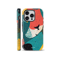 Colorful phone case with vibrant abstract shapes, flying bird silhouettes, and terrazzo speckles, suitable for iPhone, Samsung, and Pixel models.
