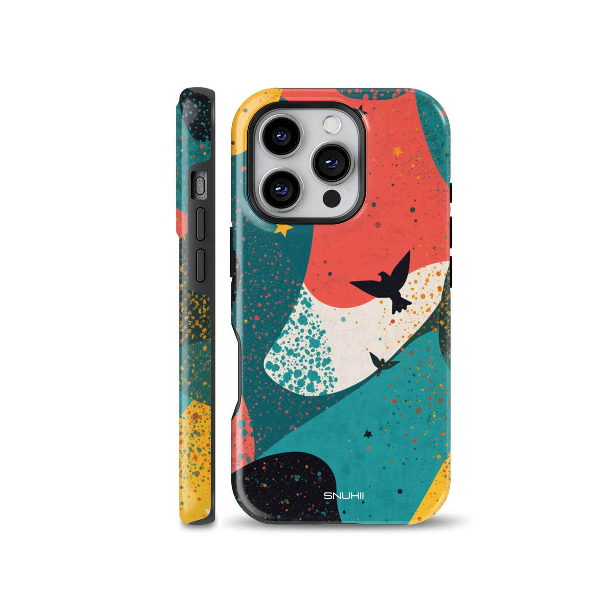 Colorful phone case with vibrant abstract shapes, flying bird silhouettes, and terrazzo speckles, suitable for iPhone, Samsung, and Pixel models.