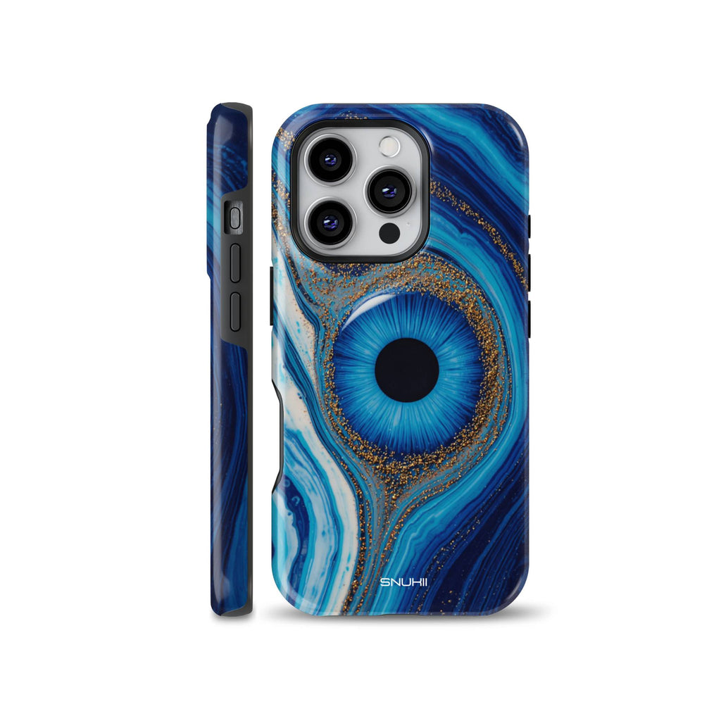 Blue liquid marble phone case featuring a mystical Evil Eye design accented with gold glitter glitter swirls, suitable for iPhone, Samsung Galaxy, and Google Pixel models.
