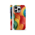 Vibrant colorful phone case featuring a 3D abstract wavy rainbow pattern in red, orange, yellow, green, and blue on a sleek protective cover.