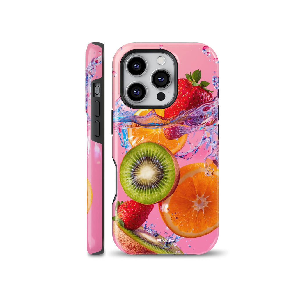 Vibrant pink phone case featuring a splash of water with fresh strawberry, kiwi, and orange slices, compatible with iPhone, Samsung, and Pixel devices.