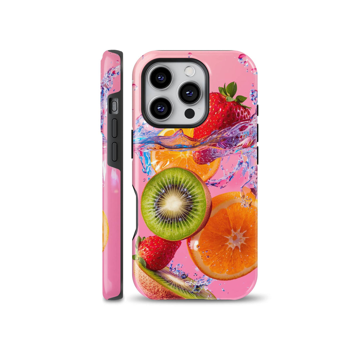 Vibrant pink phone case featuring a splash of water with fresh strawberry, kiwi, and orange slices, compatible with iPhone, Samsung, and Pixel devices.