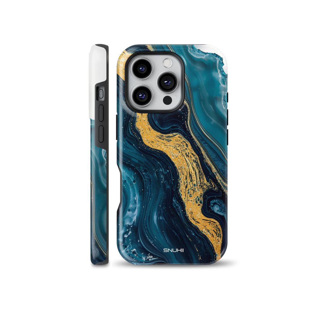 Teal blue and gold marble phone case with elegant liquid agate mineral patterns, compatible with iPhone, Samsung, and Pixel models.