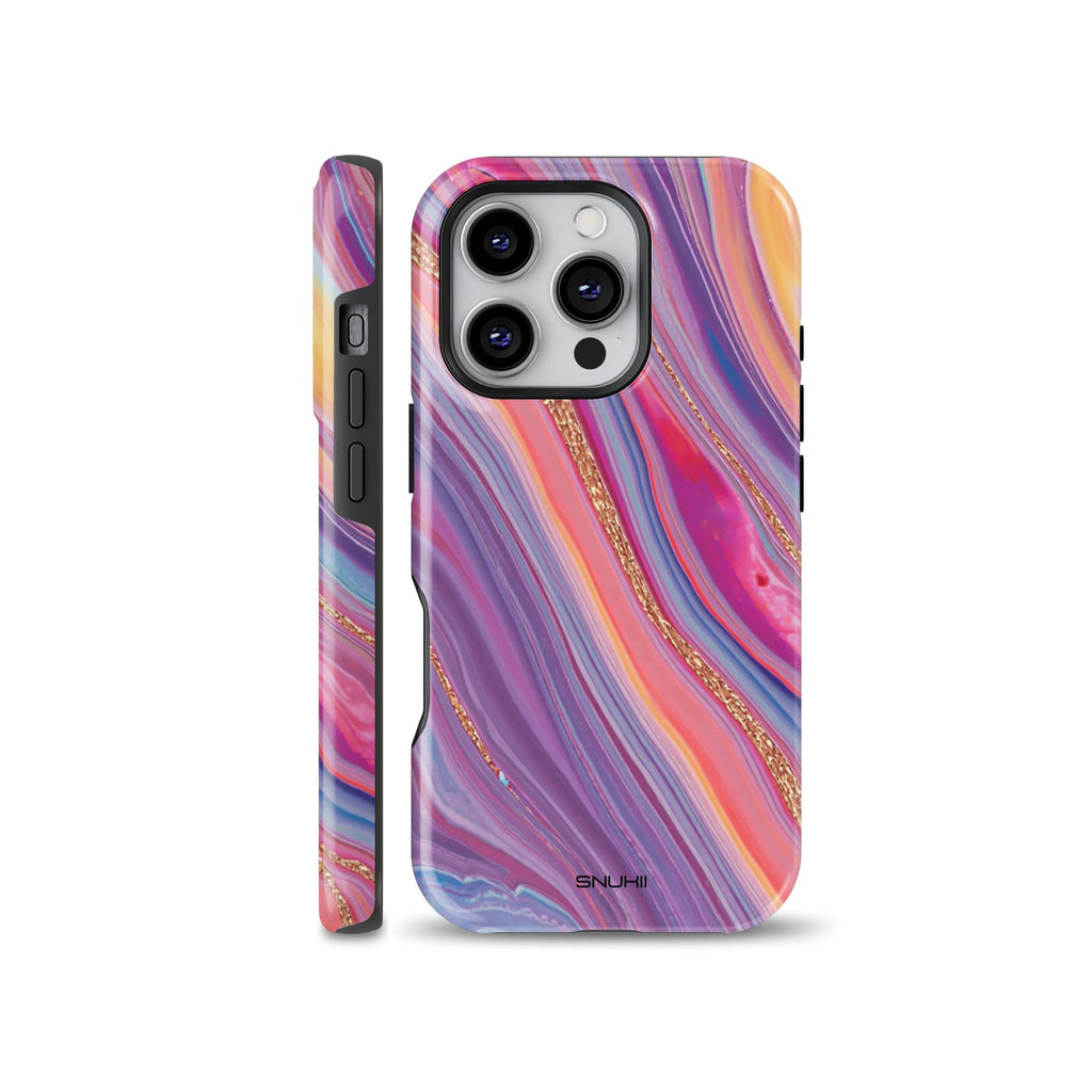 Vibrant pink and purple marble phone case with gold glitter geode veins, compatible with iPhone, Samsung Galaxy, and Google Pixel.