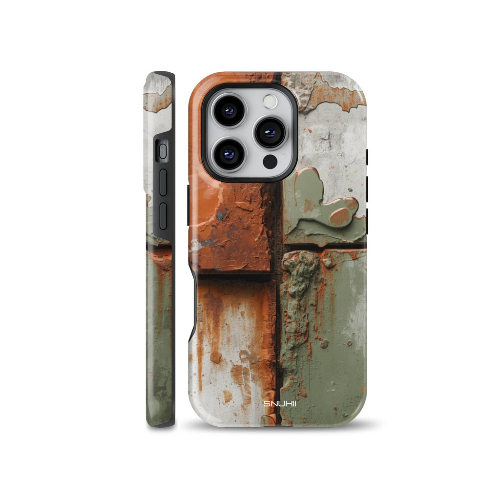 Industrial rustic rust phone case with peeled paint and brick texture, compatible with iPhone, Samsung Galaxy, and Google Pixel.
