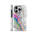 White marble phone case featuring a colorful rainbow agate geode wave with gold glitter details, compatible with iPhone, Samsung, and Pixel models.