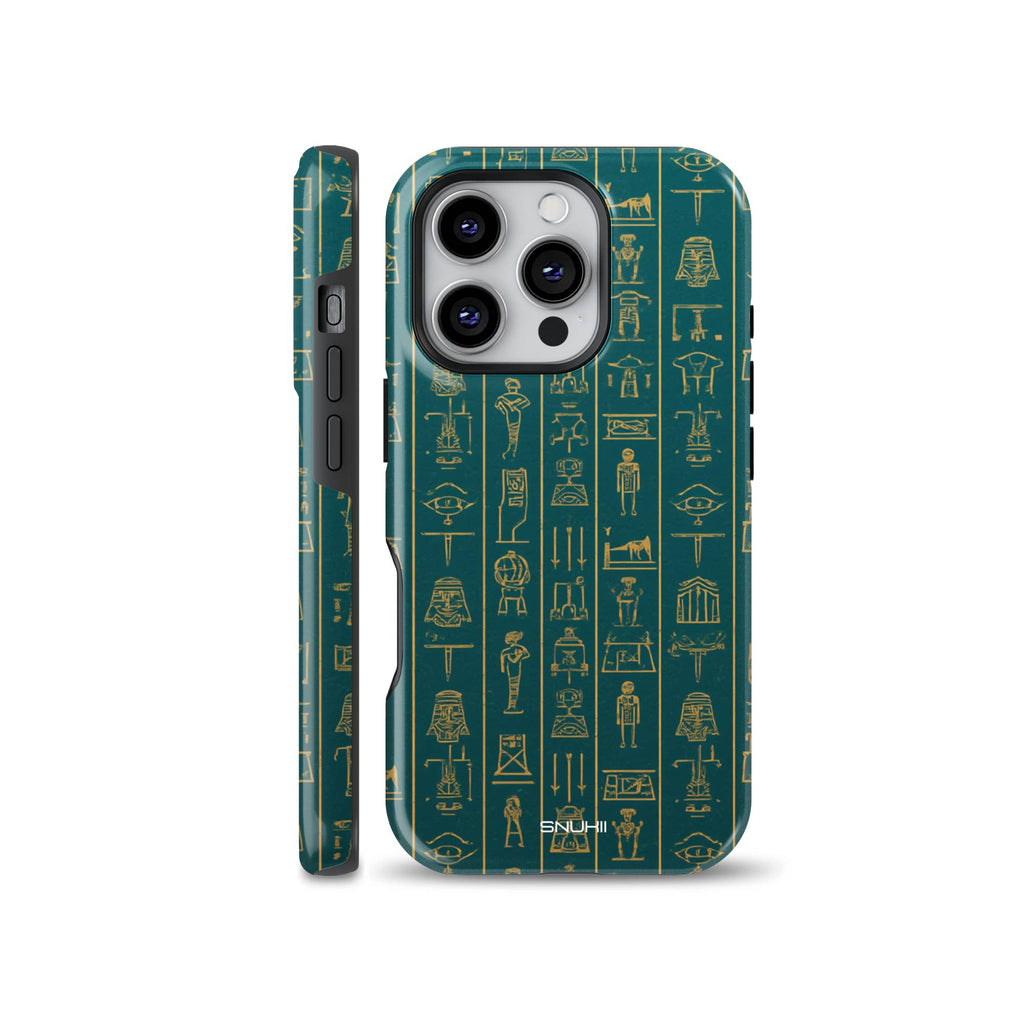 Teal and gold Egyptian hieroglyphs phone case featuring ancient symbols, compatible with iPhone, Samsung Galaxy, and Google Pixel devices.