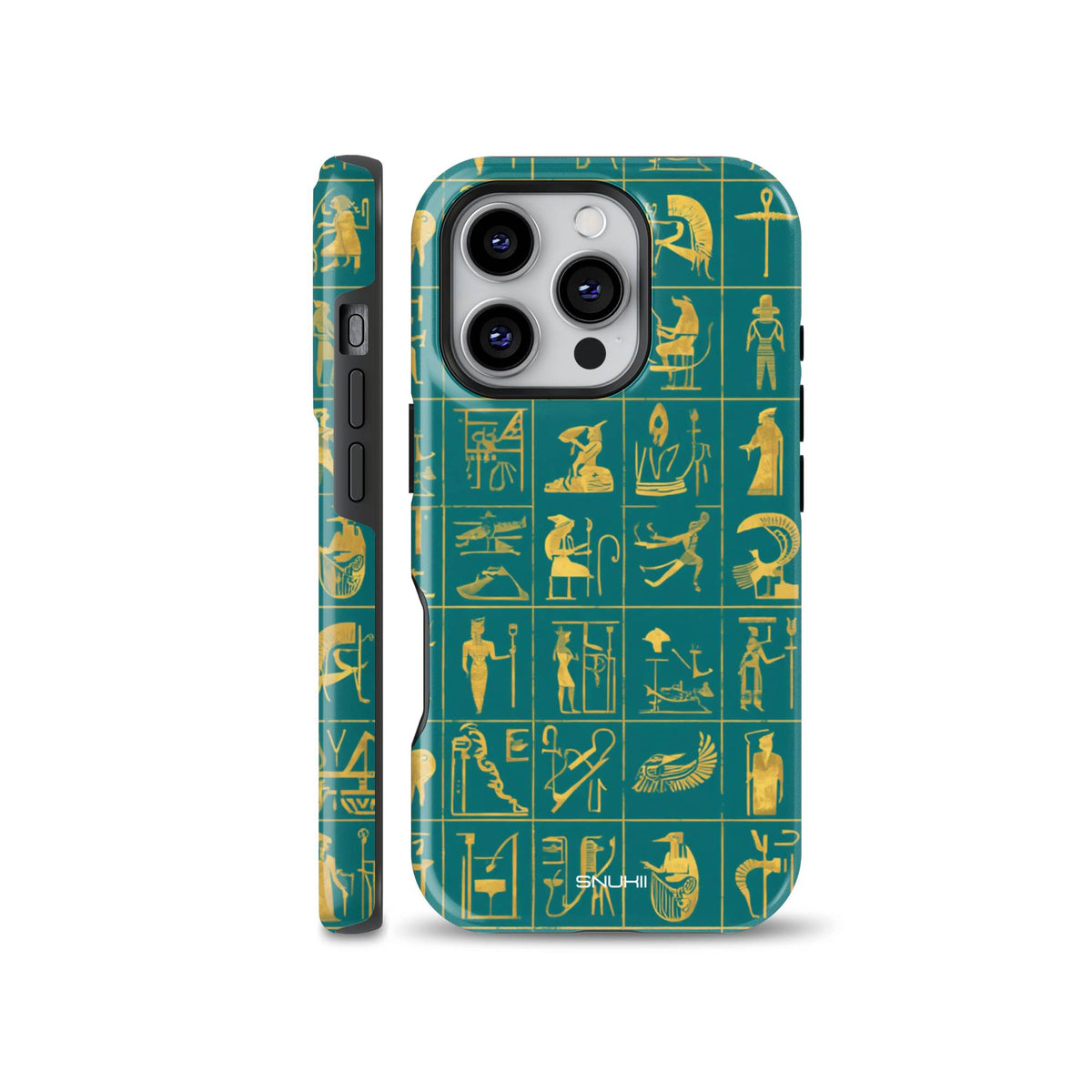 Teal and gold Egyptian hieroglyphs phone case featuring ancient symbols, compatible with iPhone, Samsung Galaxy, and Google Pixel devices.