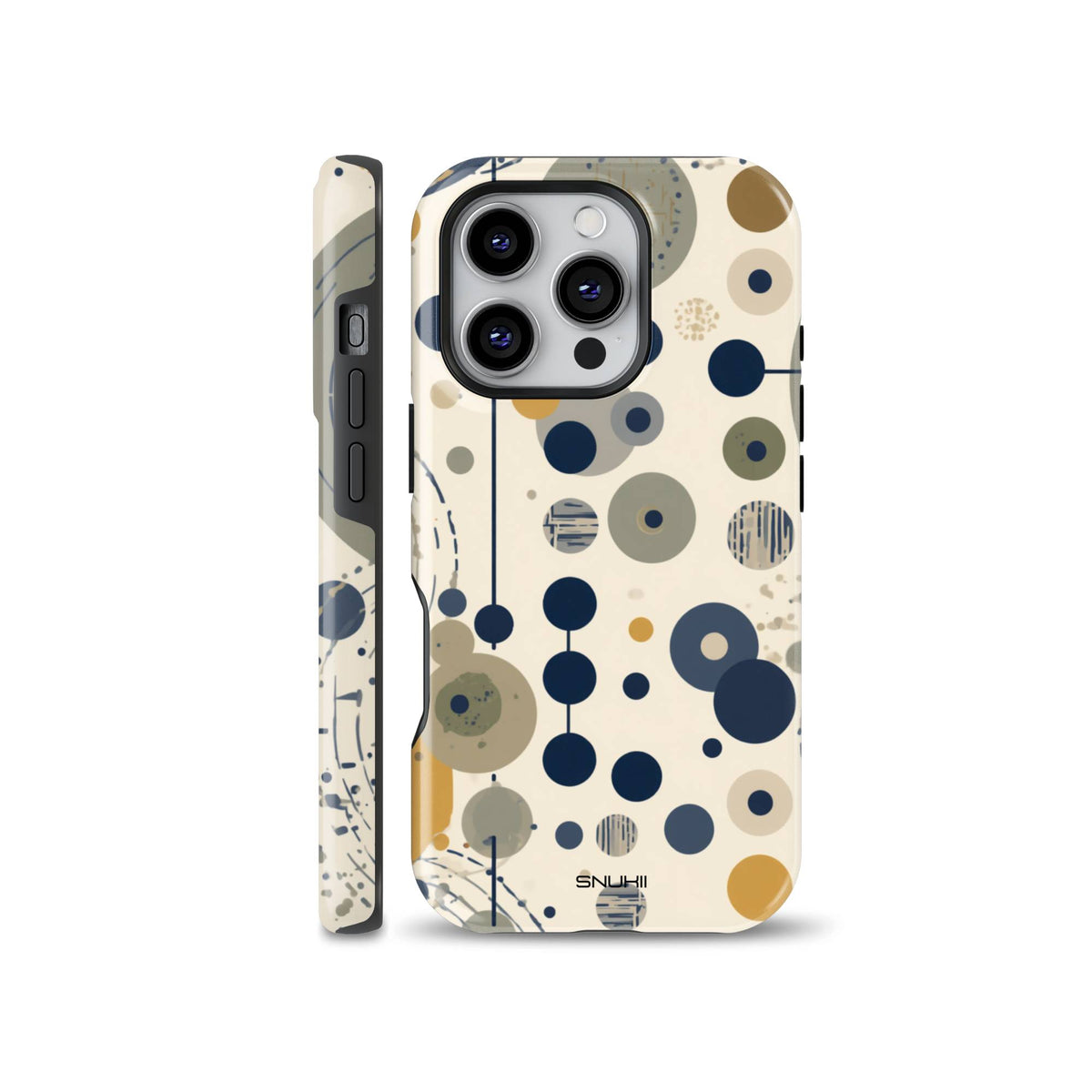 Neutral mid-century modern phone case with abstract geometric circles and dots pattern, compatible with iPhone, Samsung Galaxy, and Google Pixel devices.