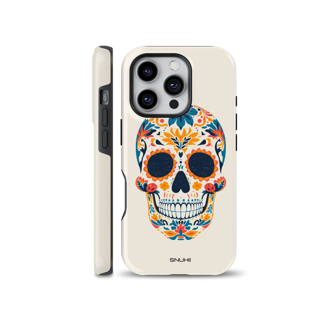 Cream colored phone case featuring a detailed colorful Mexican Sugar Skull design with floral ornaments, compatible with iPhone, Samsung Galaxy, and Google Pixel devices.