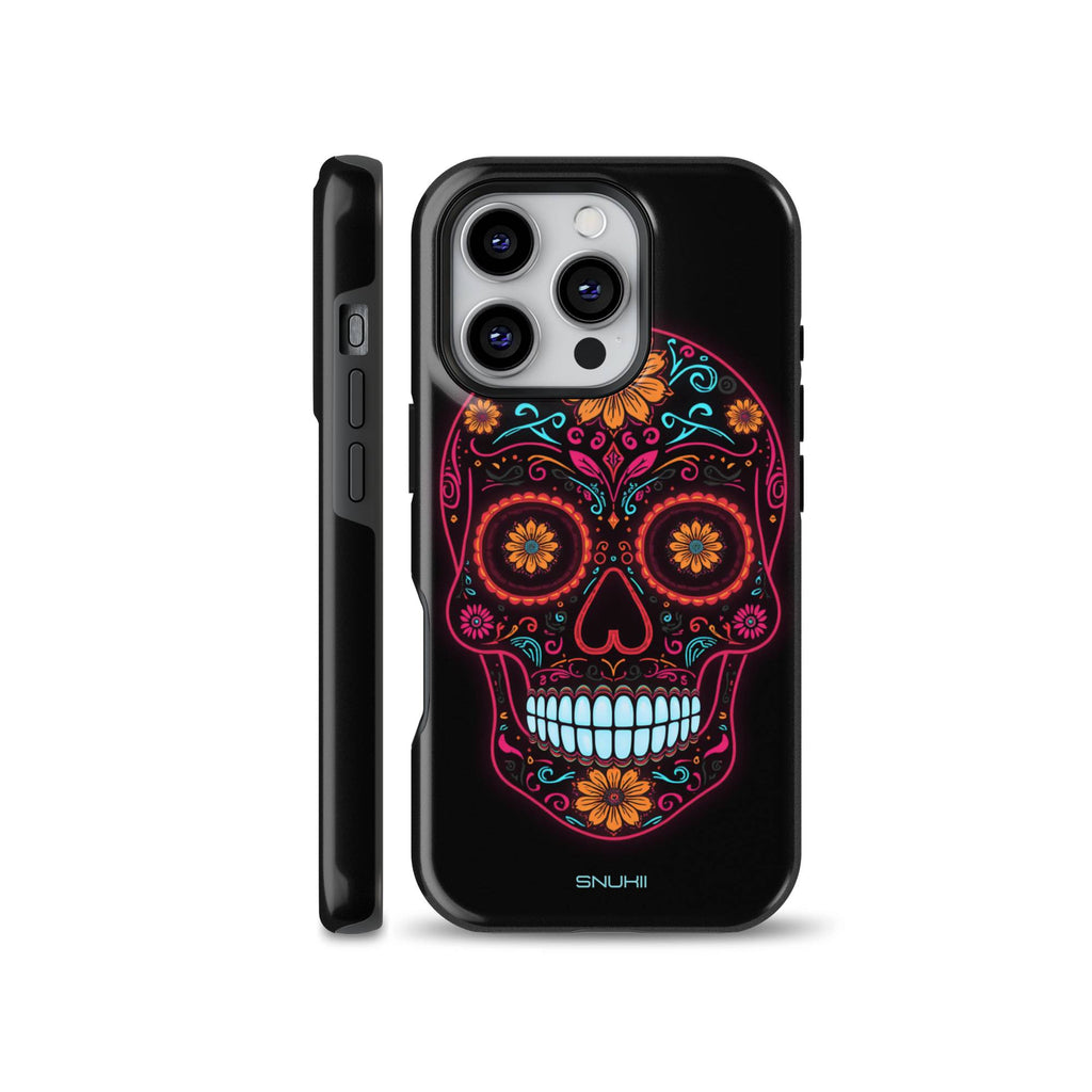 Black phone case featuring a bright neon Mexican Sugar Skull with colorful pink, cyan, and orange floral patterns, compatible with iPhone, Samsung Galaxy, and Google Pixel devices.