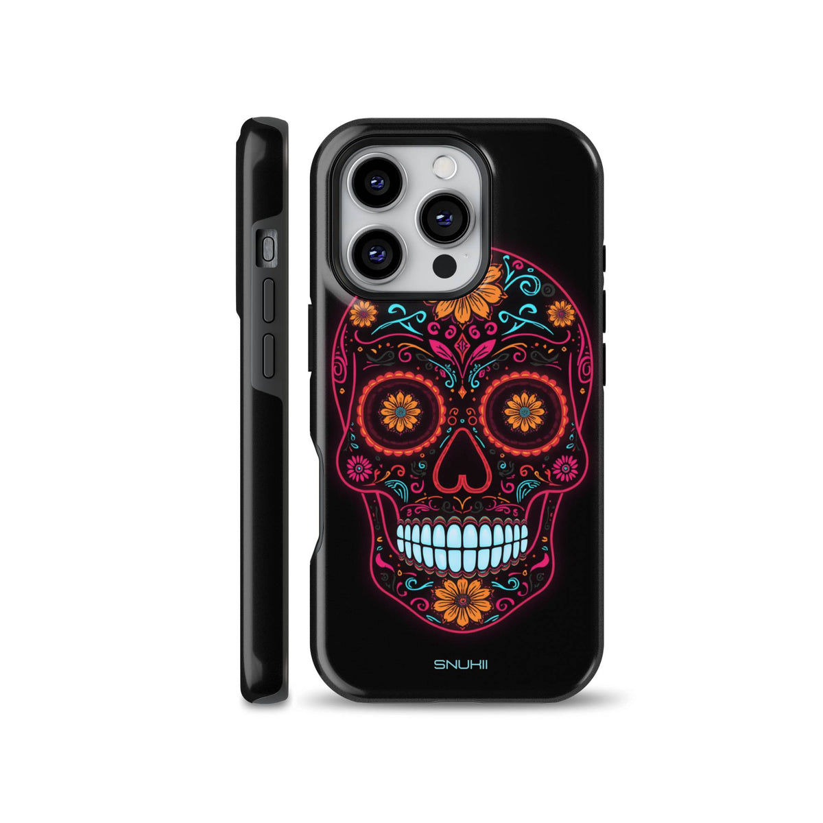 Black phone case featuring a bright neon Mexican Sugar Skull with colorful pink, cyan, and orange floral patterns, compatible with iPhone, Samsung Galaxy, and Google Pixel devices.