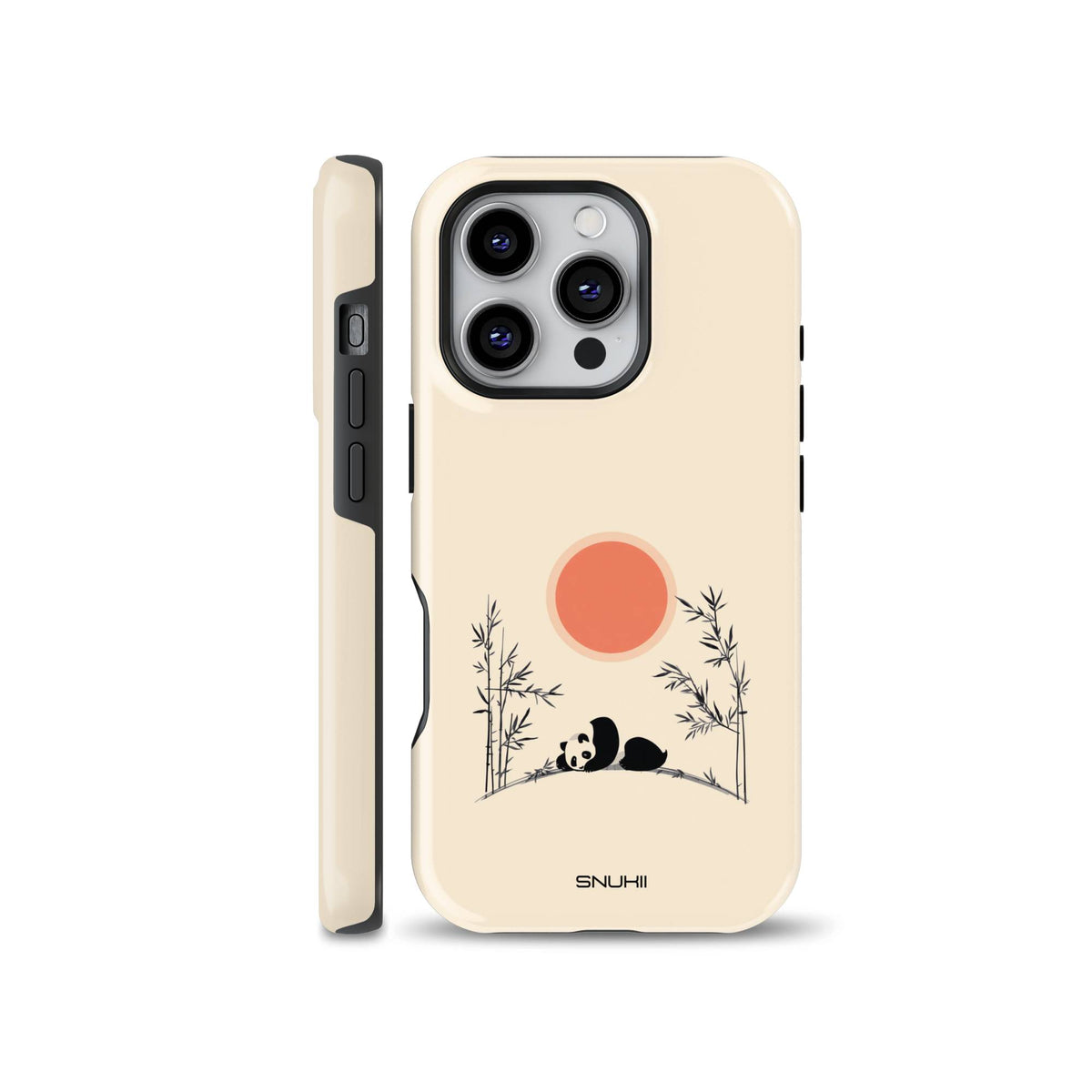 Light cream phone case featuring a minimalist Japanese art illustration of a sleeping panda under a bright red sun surrounded by black bamboo branches. Compatible with iPhone, Samsung, and Pixel devices.