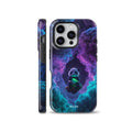 Vibrant galaxy phone case featuring a cute 3D panda holding a glowing green saber on a floating island, surrounded by purple and turquoise neon space clouds. Fits iPhone, Samsung, and Pixel devices.