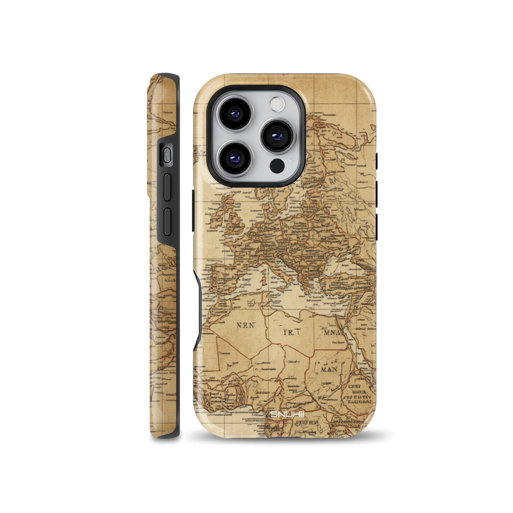 Vintage style phone case featuring an antique world map printed on yellowed parchment paper background. Compatible with iPhone, Samsung, and Pixel devices.