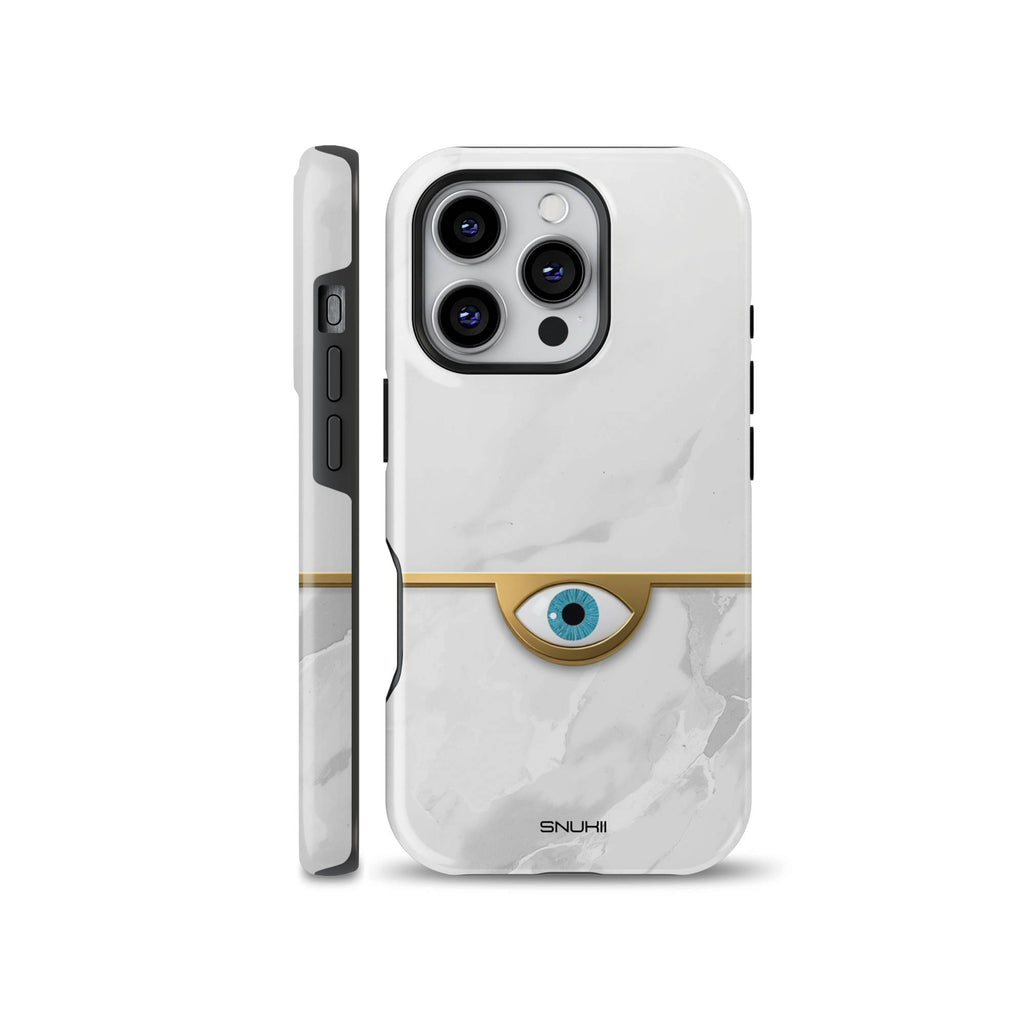White marble phone case featuring a gold evil eye protection symbol with a bright blue eye and a thin gold accent line across the center. Fits iPhone, Samsung, and Pixel devices.