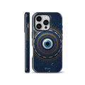 Dark navy blue phone case featuring an ornate gold and blue mandala design with a central evil eye protection symbol surrounded by small stars and moons. Fits iPhone, Samsung, and Pixel devices.