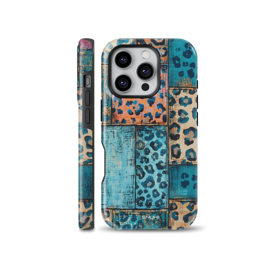 Vibrant teal and orange patchwork leopard print phone case with a rustic textured animal pattern background. Compatible with iPhone, Samsung, and Pixel devices.