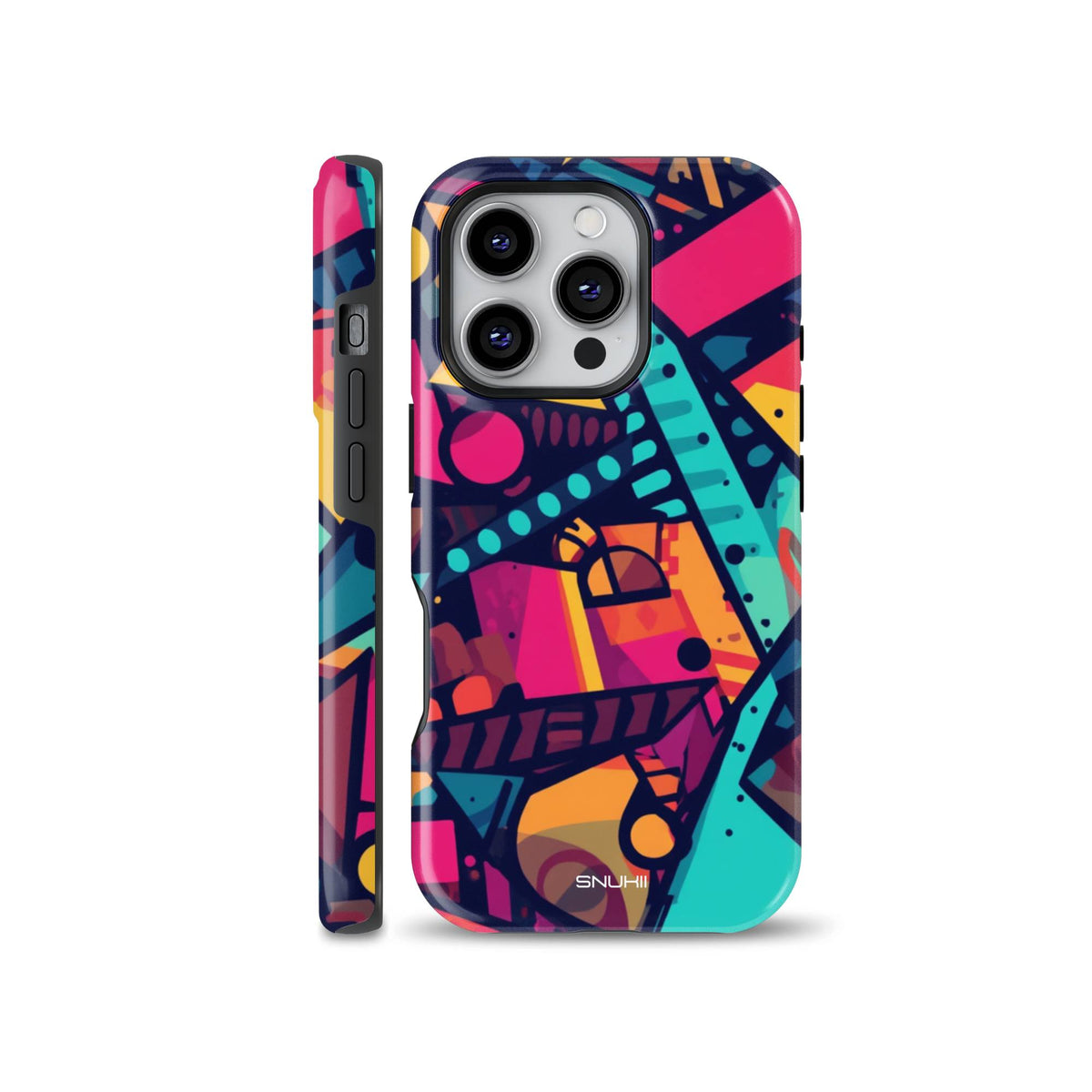 Vibrant colorful abstract phone case featuring bold pop art patterns, geometric shapes, neon pink, teal, and yellow hues. Compatible with iPhone, Samsung, and Pixel devices.