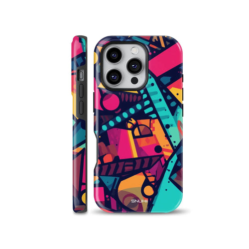 Vibrant colorful abstract phone case featuring bold pop art patterns, geometric shapes, neon pink, teal, and yellow hues. Compatible with iPhone, Samsung, and Pixel devices.