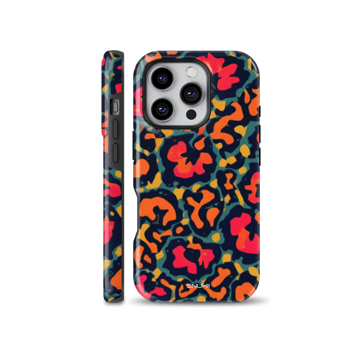 Bright colorful leopard print phone case featuring vibrant orange, pink, yellow, and teal animal spots on a dark background. Fits iPhone, Samsung, and Pixel devices.