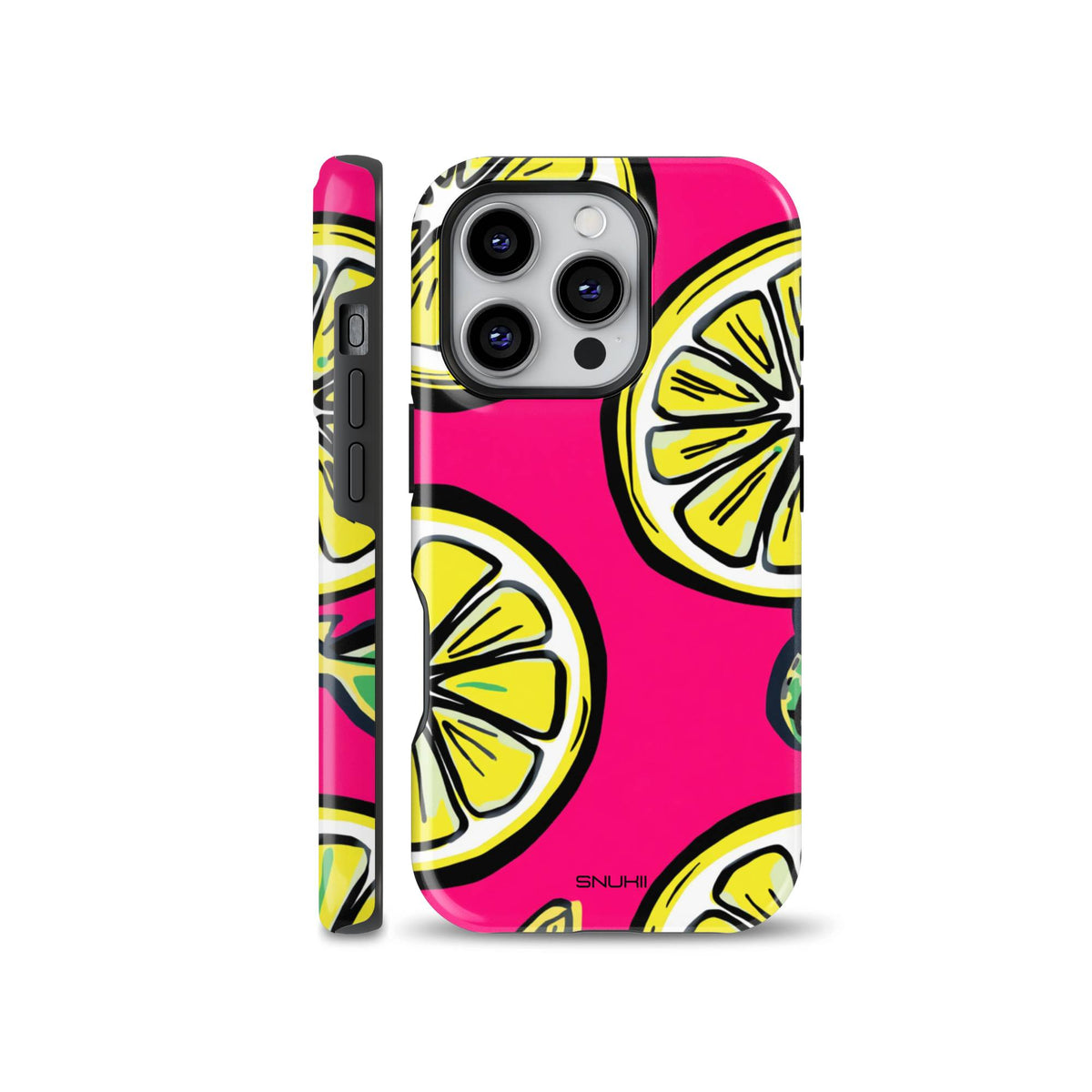 Bright hot pink phone case featuring bold yellow lemon slices with black outlines. Compatible with iPhone, Samsung, and Pixel devices.