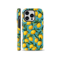 Light blue phone case featuring a realistic pattern of yellow lemons with green leaves and a lime slice. Compatible with iPhone, Samsung, and Pixel devices.