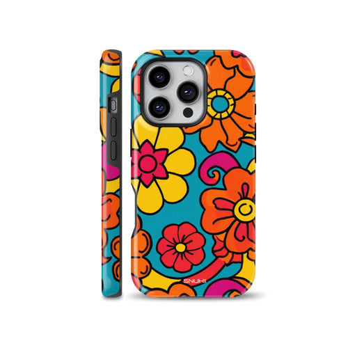 A phone case featuring a bright 70s retro groovy floral pattern with bold orange, yellow, red, and pink flowers on a turquoise background, designed for iPhone, Samsung, and Pixel.