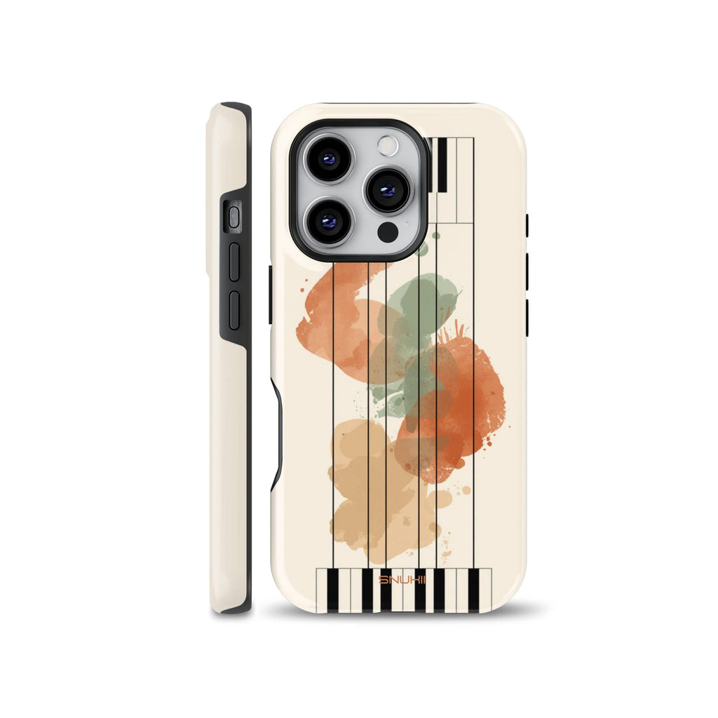 An artistic phone case featuring abstract watercolor splashes in terracotta, olive green, and ochre with piano keys and string instrument details on a cream background, designed for iPhone, Samsung, and Pixel.