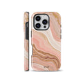 An elegant phone case featuring a blush pink marble and agate fluid pattern with rose gold glitter accents, designed for iPhone, Samsung, and Pixel.