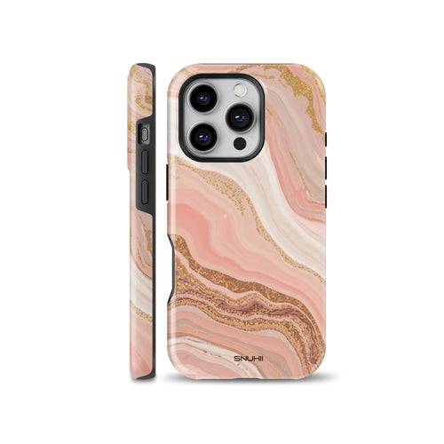 An elegant phone case featuring a blush pink marble and agate fluid pattern with rose gold glitter accents, designed for iPhone, Samsung, and Pixel.