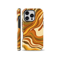 A phone case featuring an abstract flowing swirl pattern in warm earthy tones including caramel brown, mustard yellow, olive green, and cream, designed for iPhone, Samsung, and Pixel.