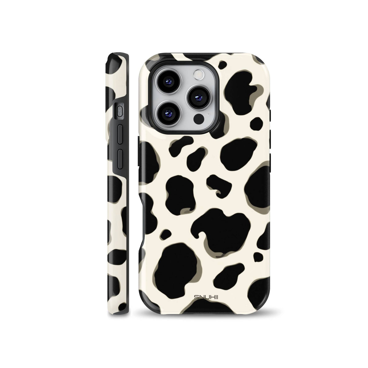 A trendy phone case featuring a classic black and white cow print pattern on a cream background, designed for iPhone, Samsung, and Pixel.