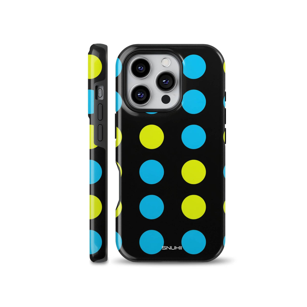 A bold phone case featuring a bright blue and neon yellow polka dot pattern on a black background, designed for iPhone, Samsung, and Pixel.
