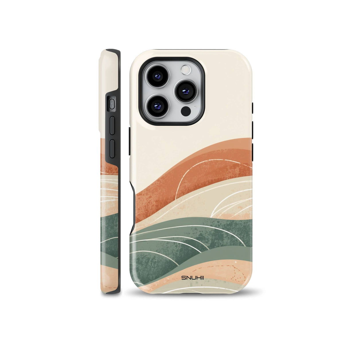 An aesthetic phone case featuring an abstract landscape design with layered mountains in terracotta, sage green, and cream tones, designed for iPhone, Samsung, and Pixel.